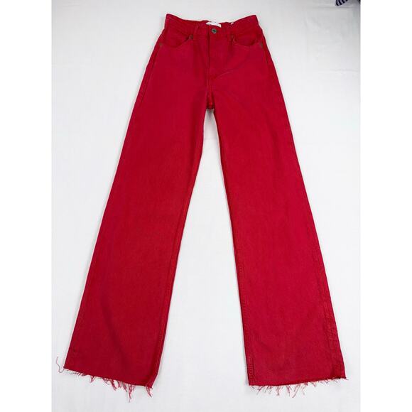 Zara Women's 90s Full Length Wide Leg Jean Size 4 Red Raw Hem - Picture 4 of 14